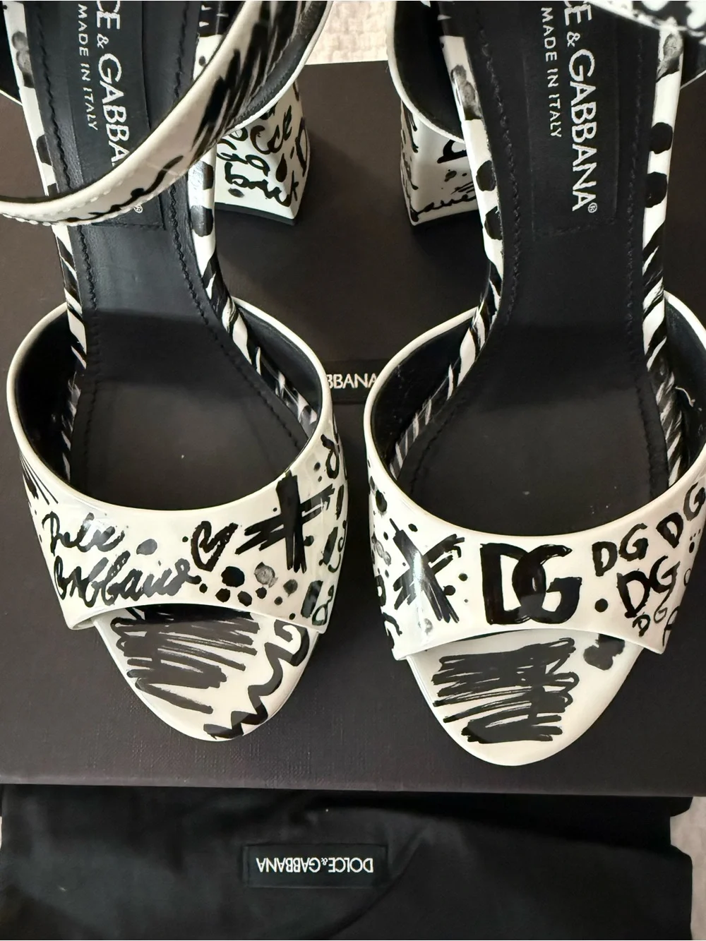 Dolce & Gabbana White and Black Graffiti Block Heel Sandals
